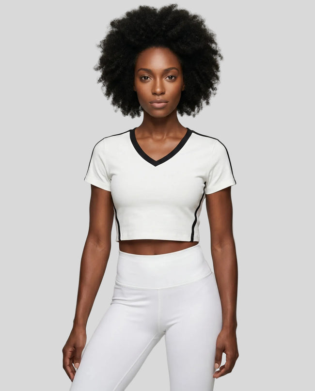 Model wearing TrackLine Club Tee in White front view