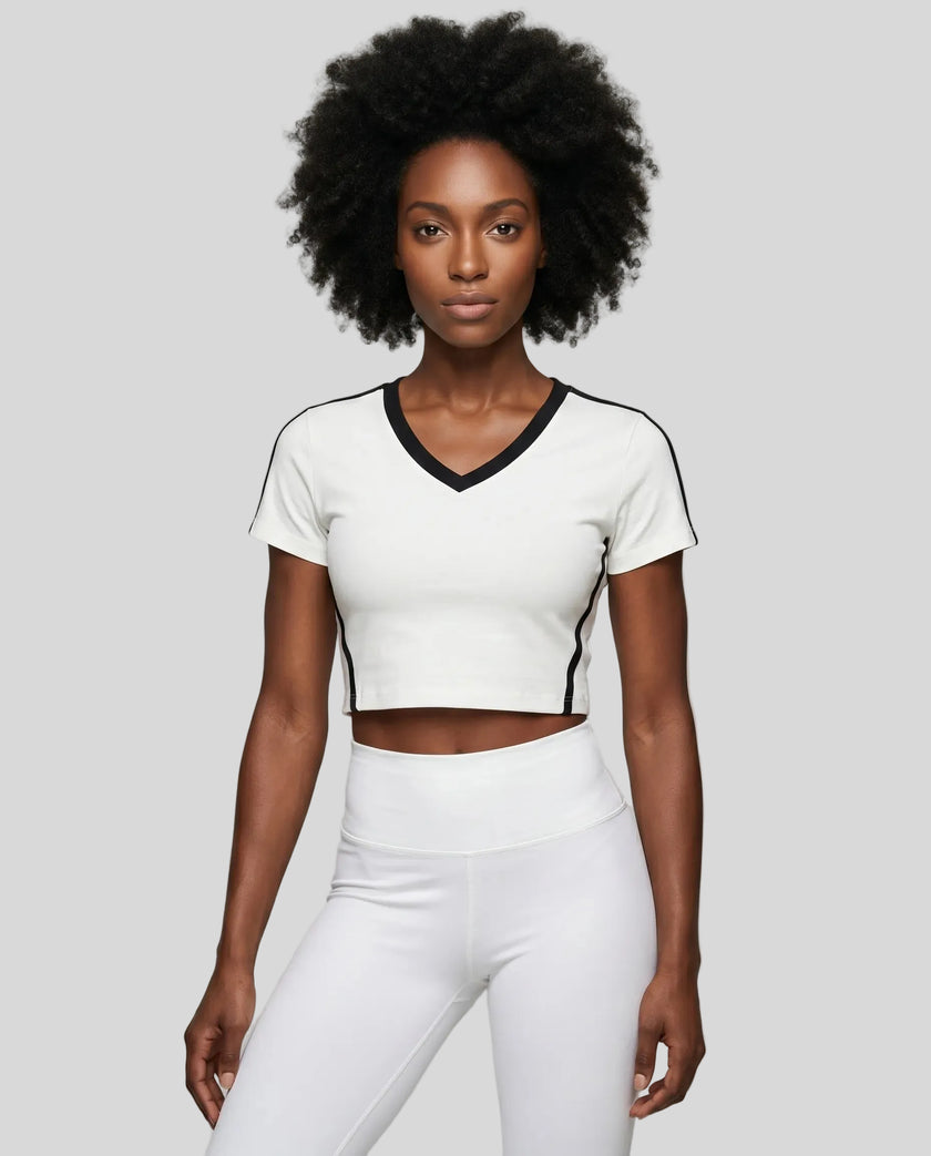 Model wearing TrackLine Club Tee in White front view
