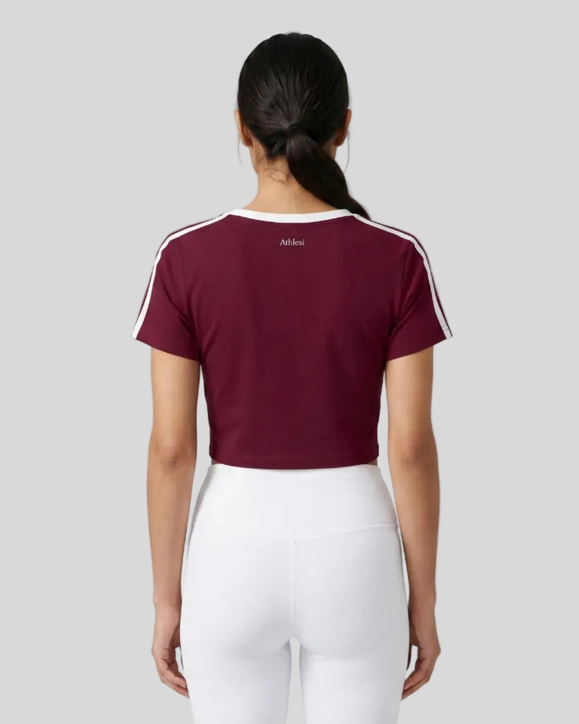 Model wearing TrackLine Club Tee in Wine Red back view