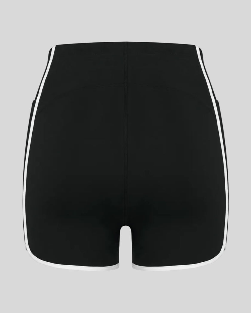 Back view of the TrackLine Color Block Performance Shorts in Black with White contrast trim