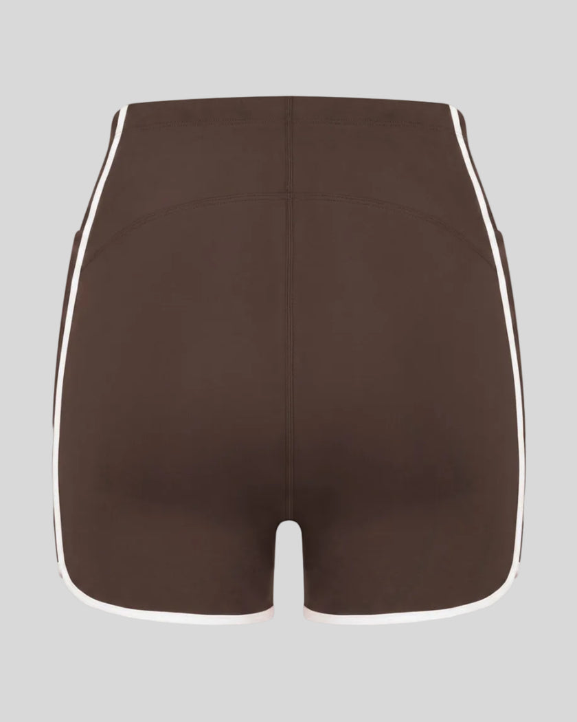 Back view of the TrackLine Color Block Performance Shorts in Coffee with White contrast trim