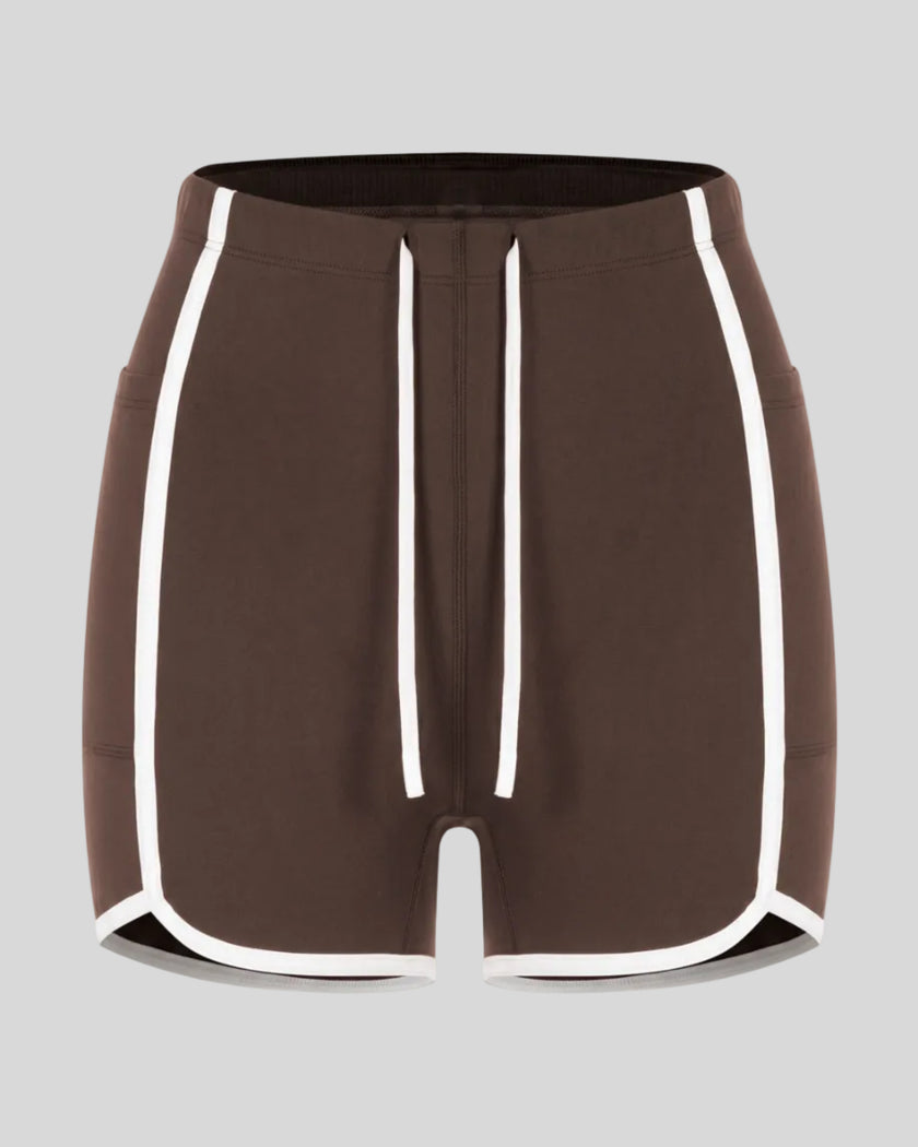 Front view of the TrackLine Color Block Performance Shorts in Coffee with White contrast trim