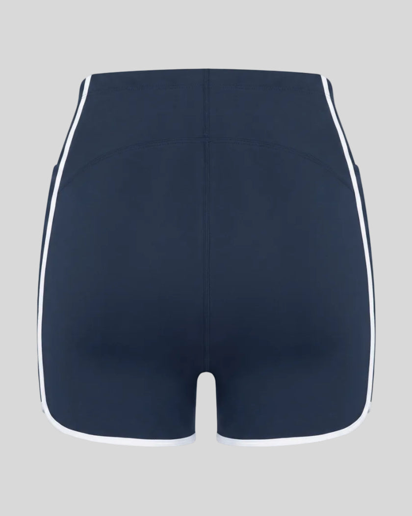Back view of the TrackLine Color Block Performance Shorts in Navy Blue with White contrast trim