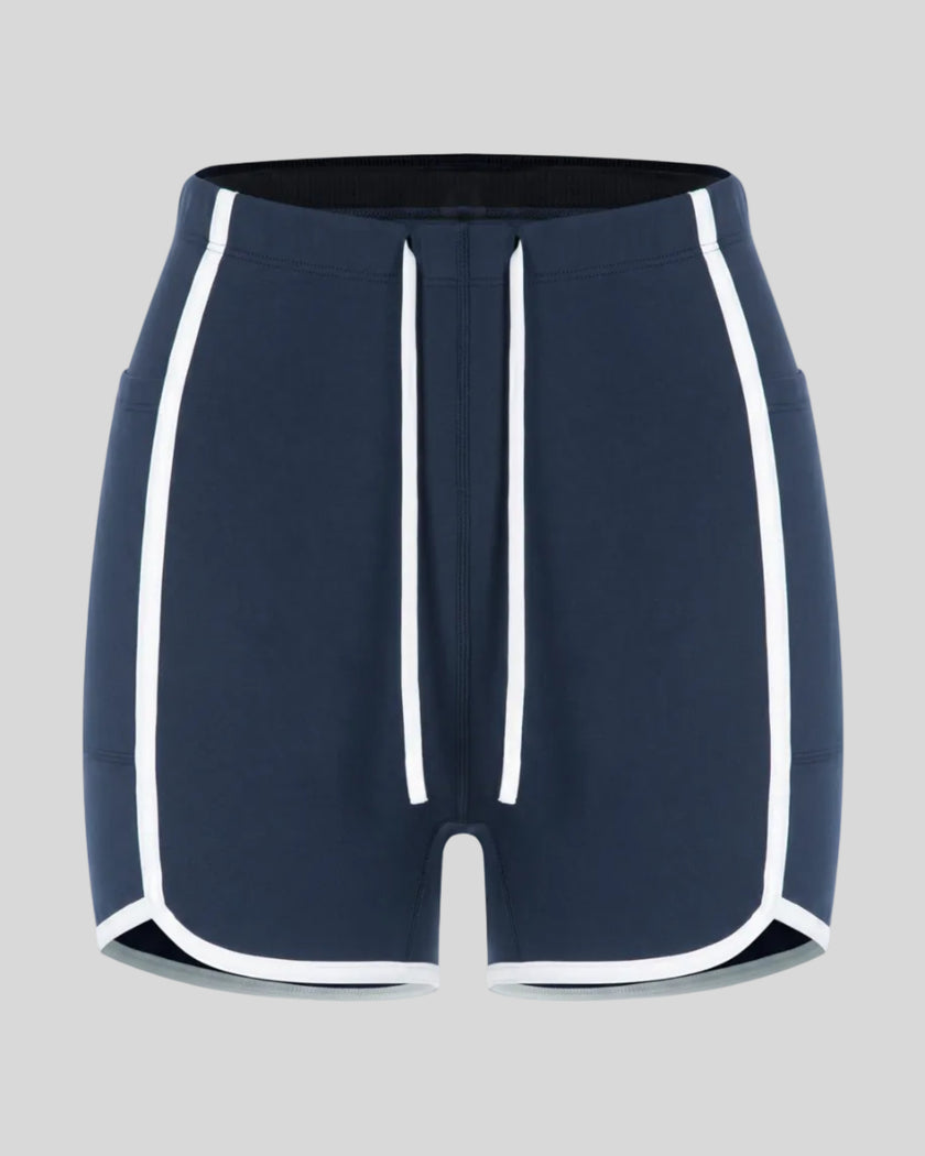 Front view of the TrackLine Color Block Performance Shorts in Navy Blue with White contrast trim