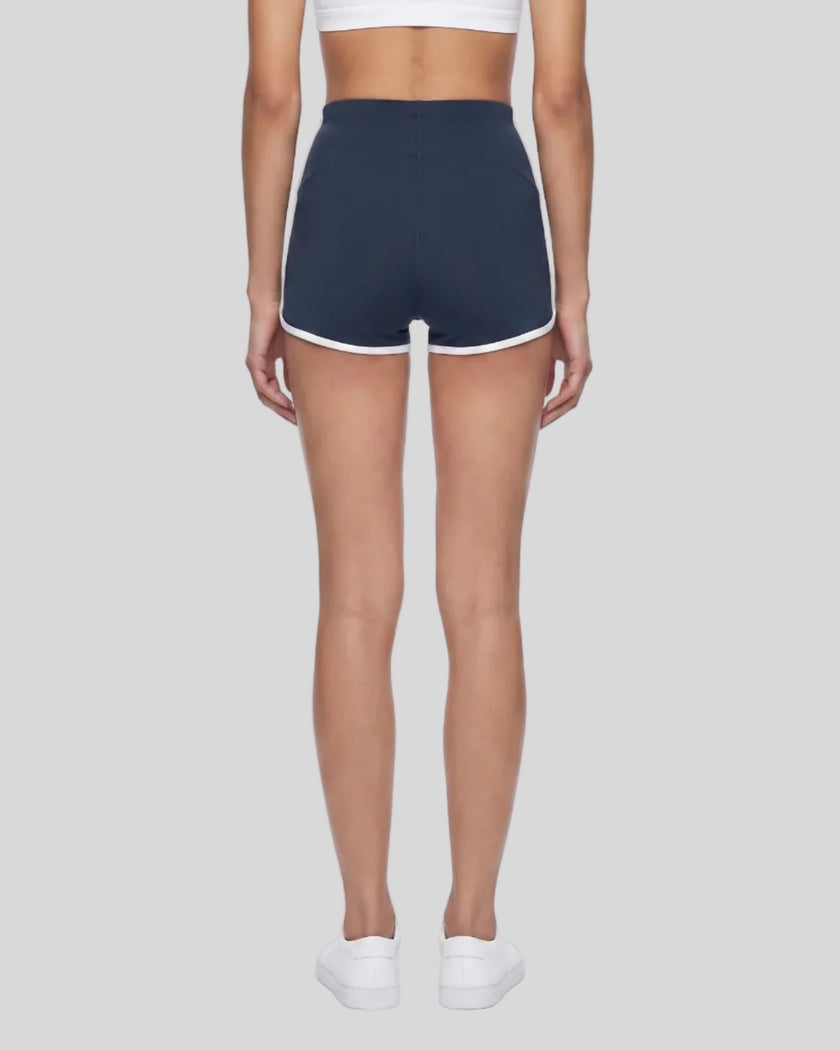 Model wearing the TrackLine Color Block Performance Shorts in Navy Blue, back view