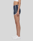 Model wearing the TrackLine Color Block Performance Shorts in Navy Blue, side view