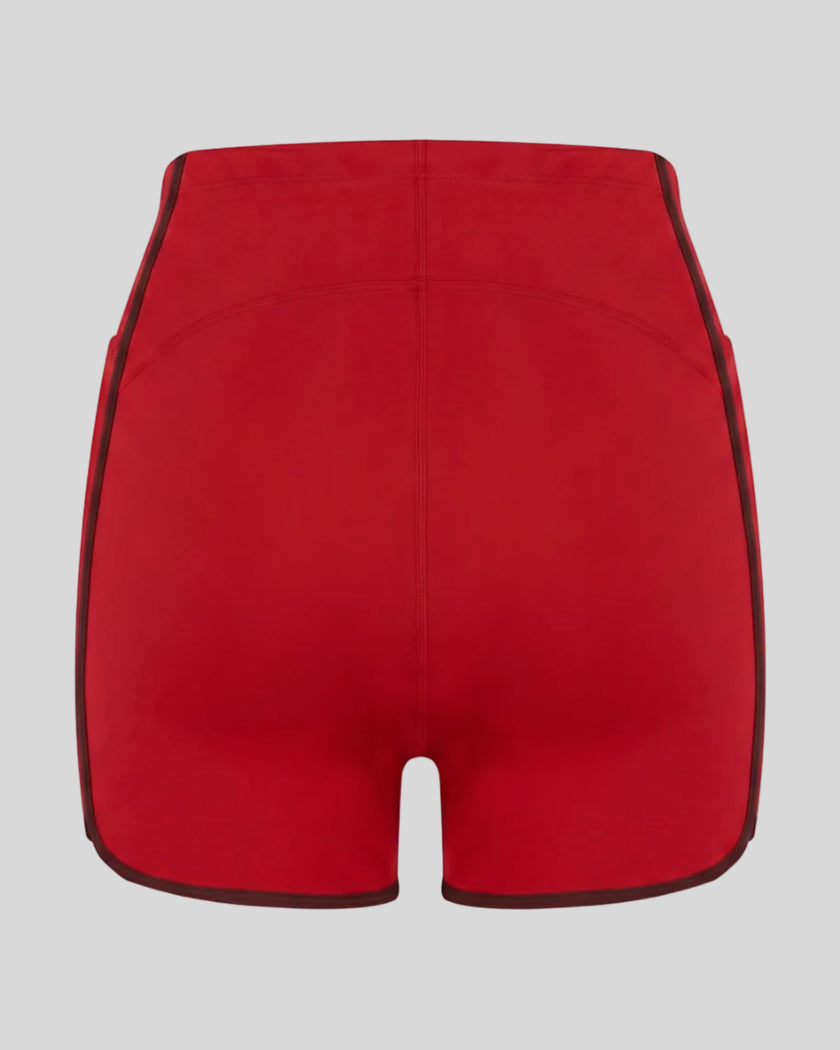 Back view of the TrackLine Color Block Performance Shorts in Red with Brown contrast trim