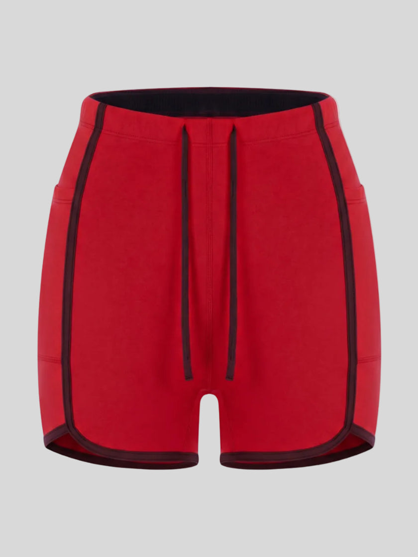 Front view of the TrackLine Color Block Performance Shorts in Red with Brown contrast trim