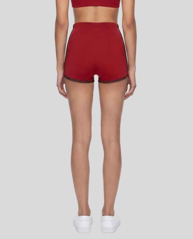 Model wearing the TrackLine Color Block Performance Shorts in Red, back view