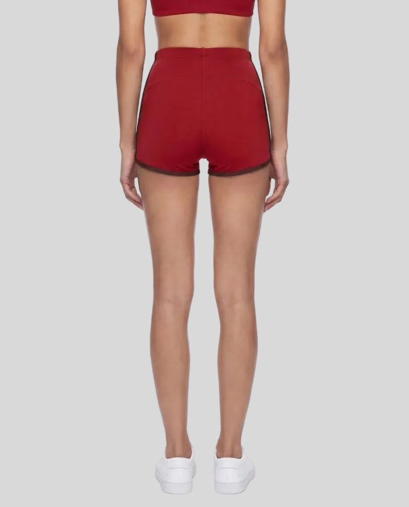 Model wearing the TrackLine Color Block Performance Shorts in Red, back view