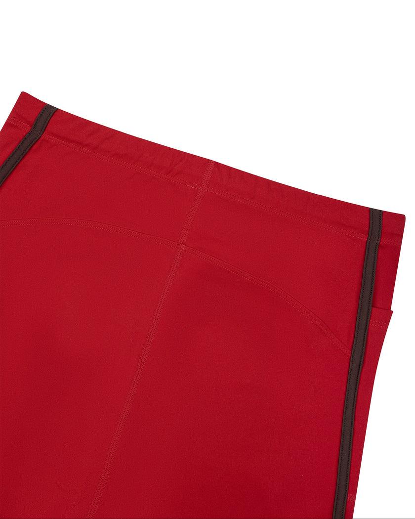 Closeup of the back waistband construction on the TrackLine Color Block Performance Shorts in Red