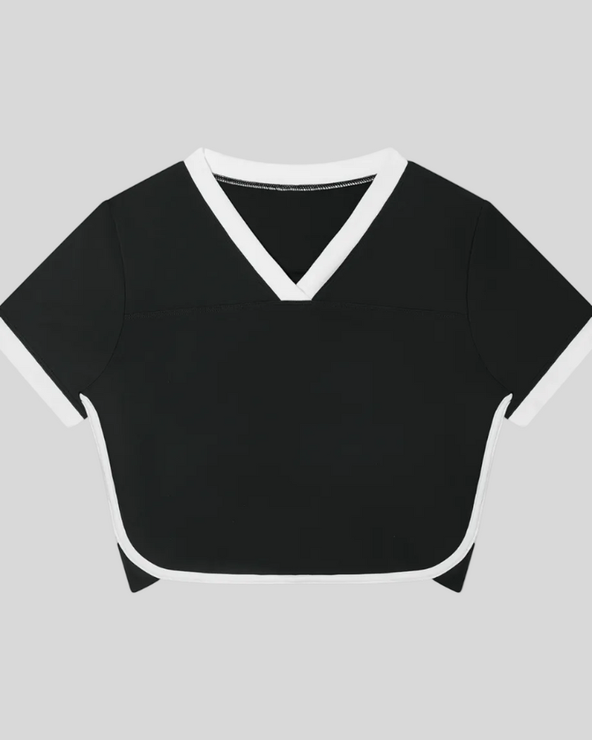 Front view of the TrackLine Color Block Performance Tee in Black with White contrast trim