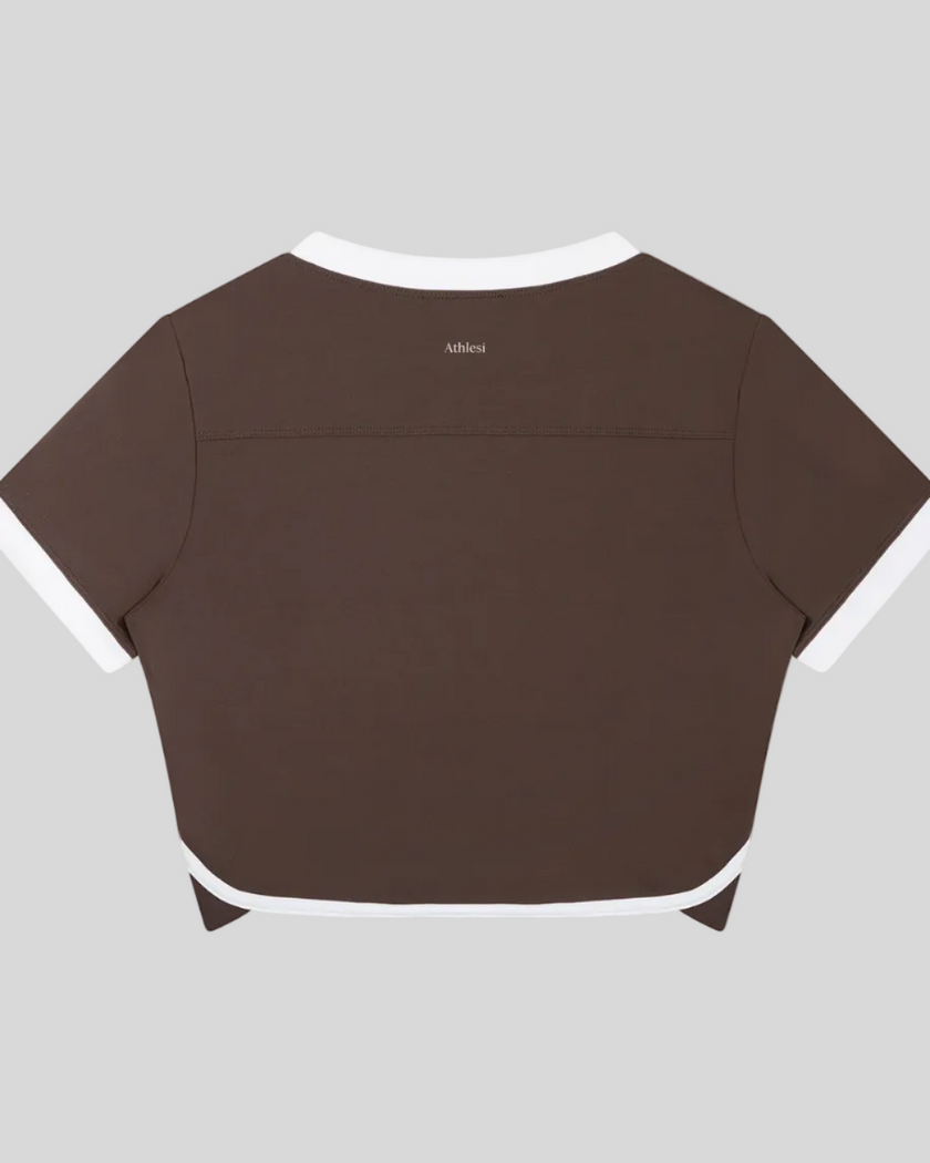 Back view of the TrackLine Color Block Performance Tee in Coffee with White contrast trim