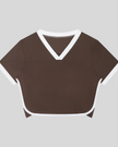Front view of the TrackLine Color Block Performance Tee in Coffee with White contrast trim