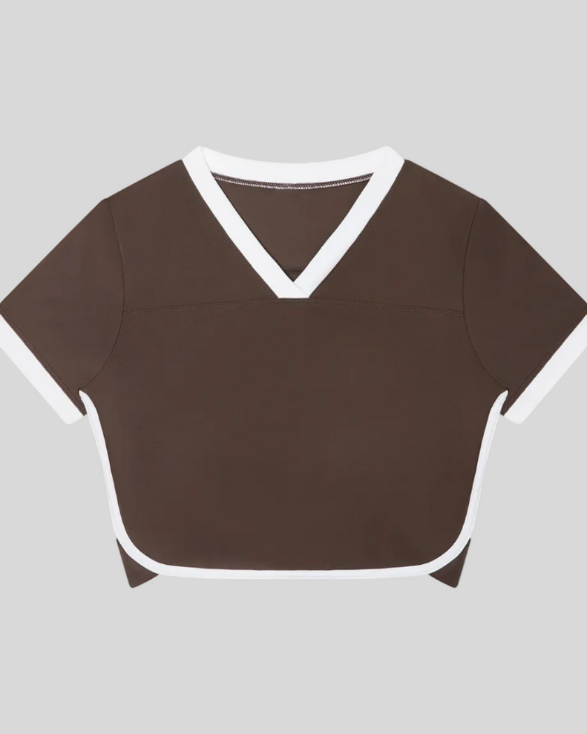 Front view of the TrackLine Color Block Performance Tee in Coffee with White contrast trim