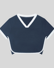 Front view of the TrackLine Color Block Performance Tee in Navy Blue with White contrast trim