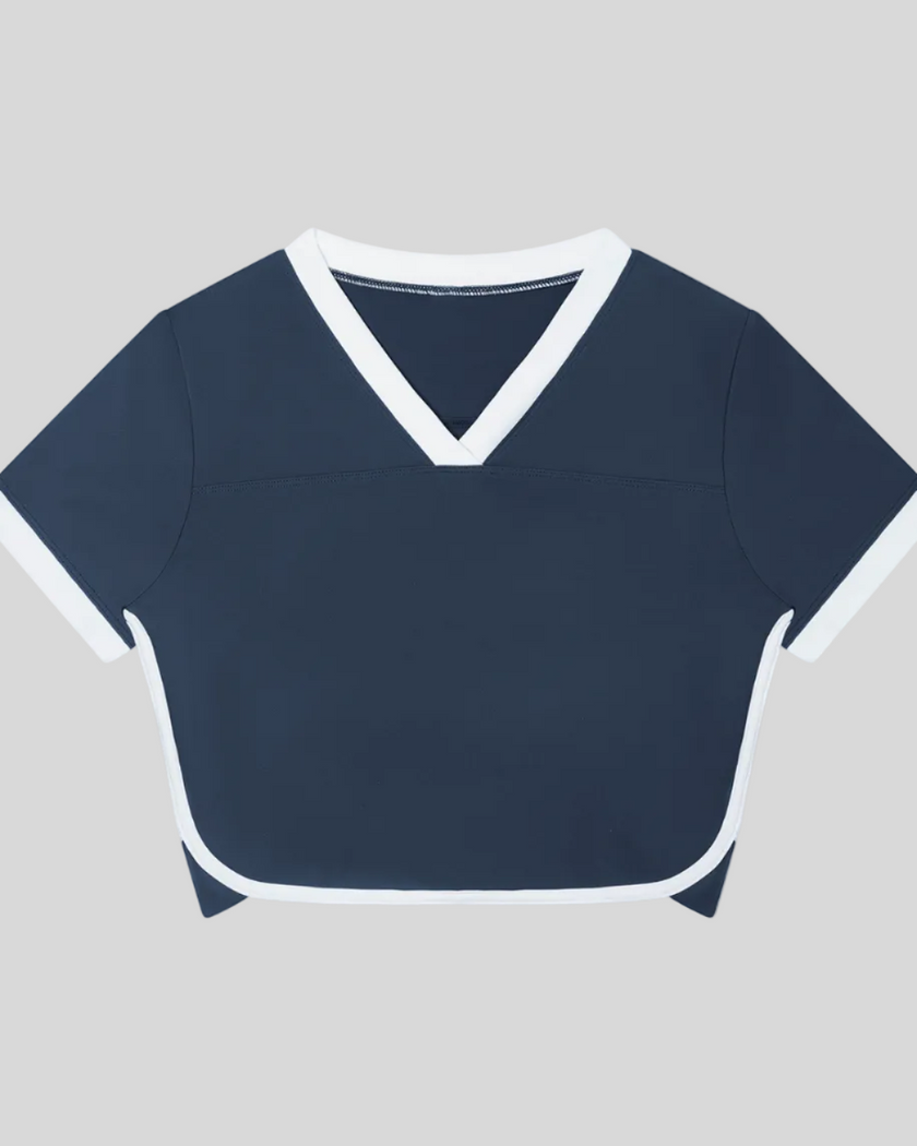Front view of the TrackLine Color Block Performance Tee in Navy Blue with White contrast trim