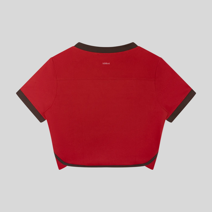 Back view of the TrackLine Color Block Performance Tee in Red with Brown contrast trim