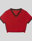 Front view of the TrackLine Color Block Performance Tee in Red with Brown contrast trim