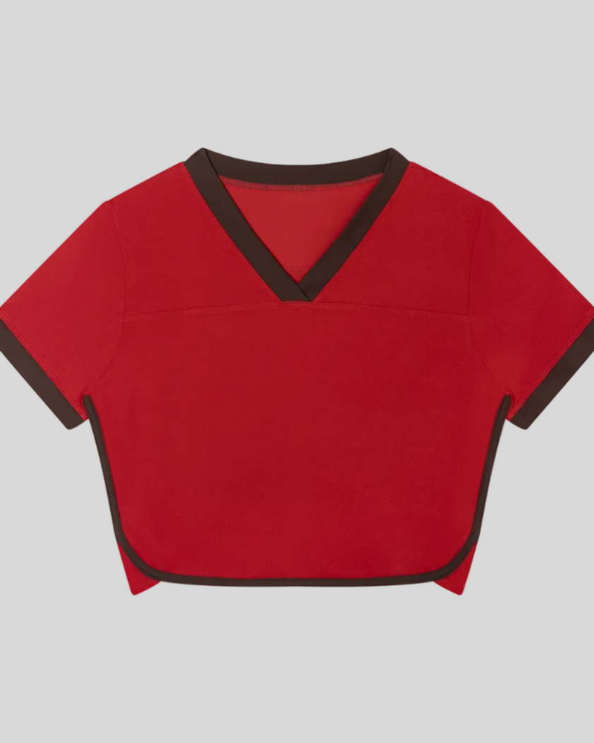Front view of the TrackLine Color Block Performance Tee in Red with Brown contrast trim