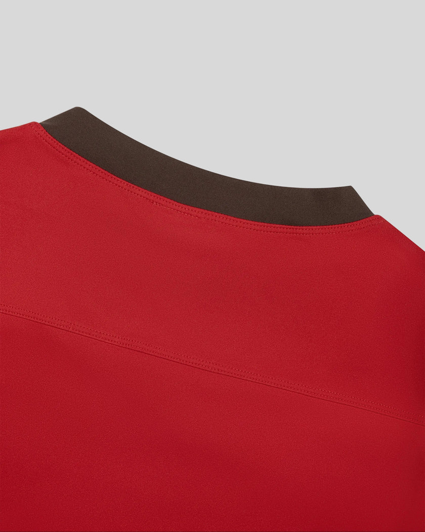 Closeup of the back neckline and stitching detail on the TrackLine Color Block Performance Tee in Red