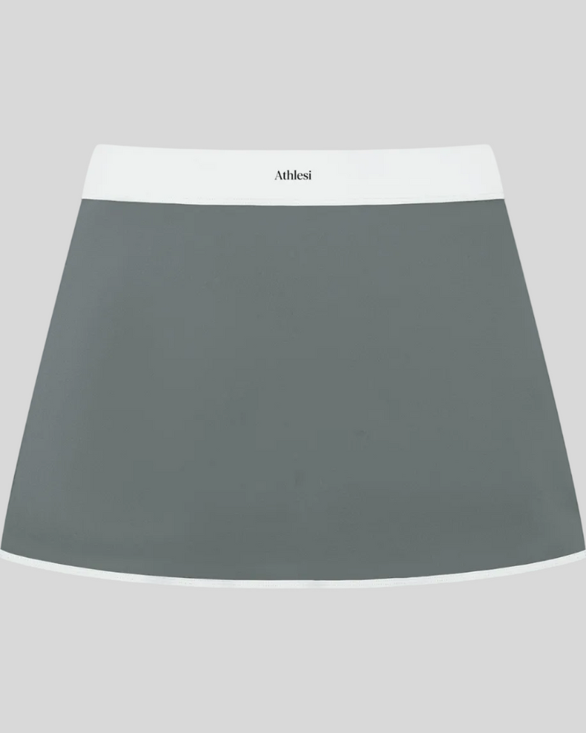 Athlesi TrackLine Color Block Skort in Dark Gray back view with white waistband and contrast trim