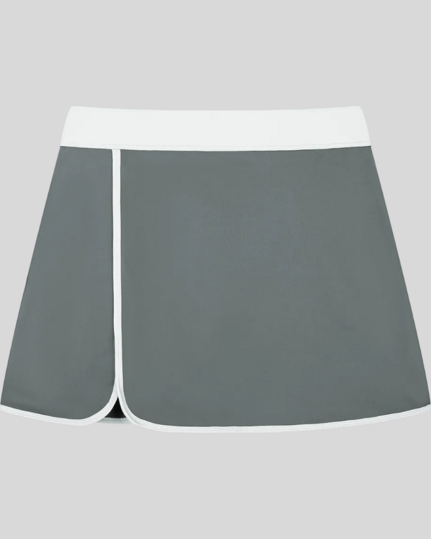 Athlesi TrackLine Color Block Skort in Dark Gray front view with white waistband and contrast trim