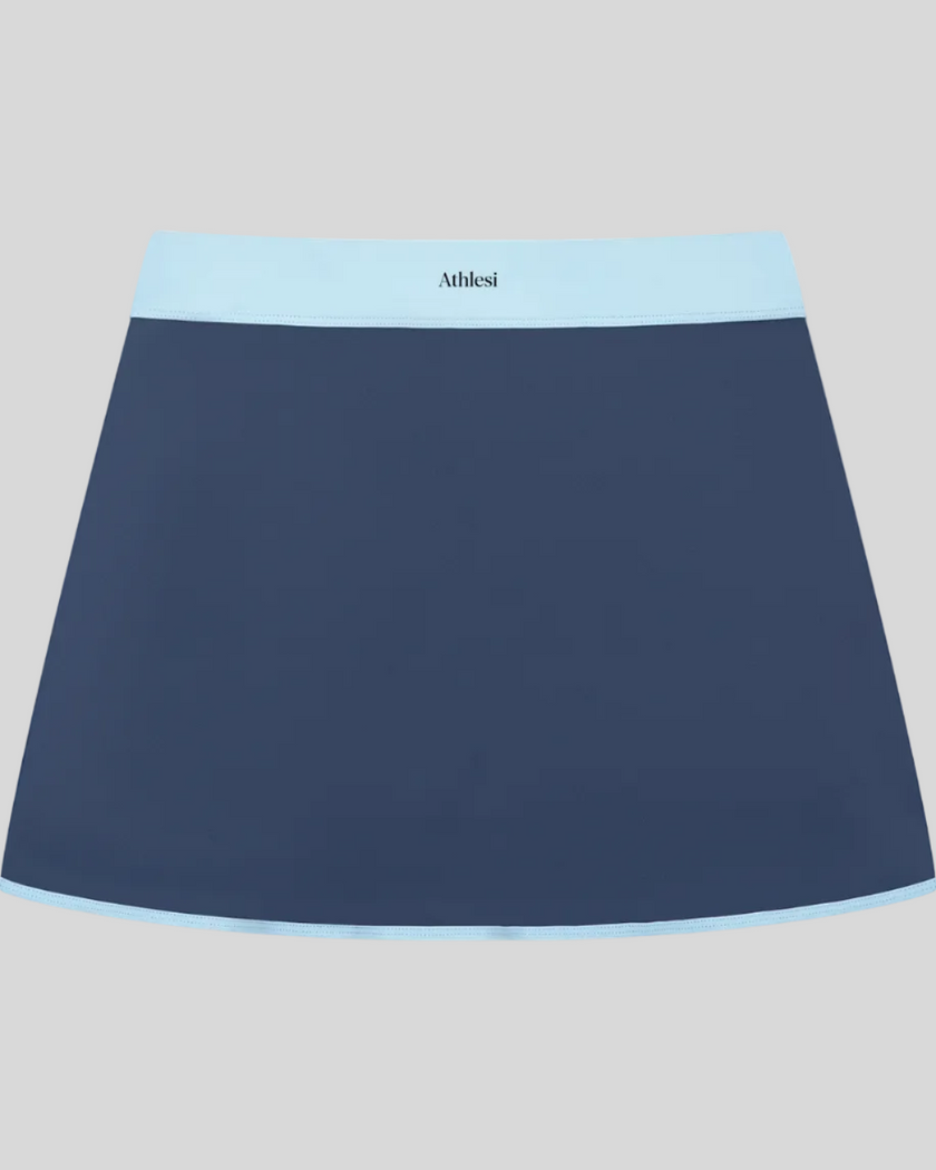 Athlesi TrackLine Color Block Skort in Navy Blue back view with light blue waistband and contrast trim