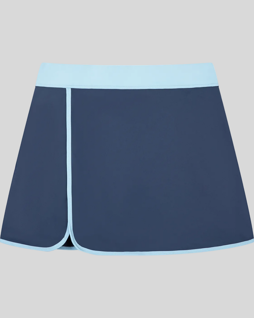 Athlesi TrackLine Color Block Skort in Navy Blue front view with light blue waistband and contrast trim