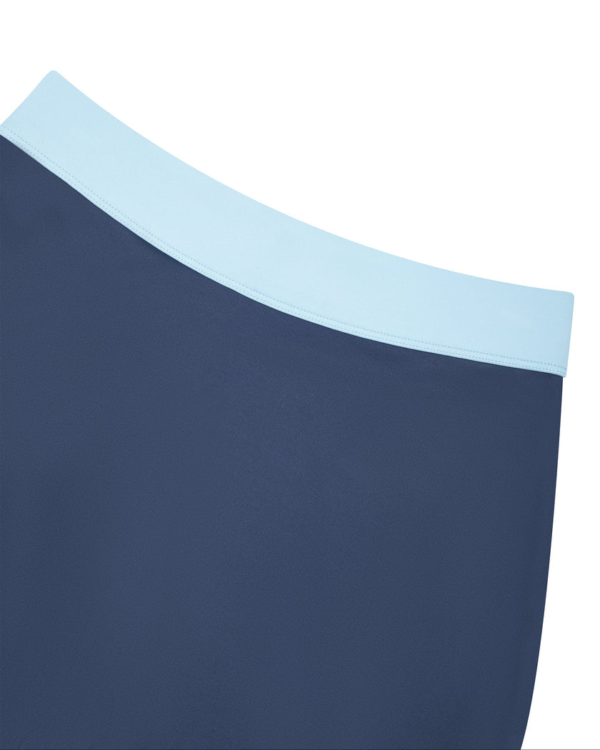 Athlesi TrackLine Color Block Skort in Navy Blue back waistband closeup with light blue contrast detail
