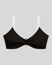 Athlesi TrackLine Color Block Sports Bra in black and white front view with ruched detail