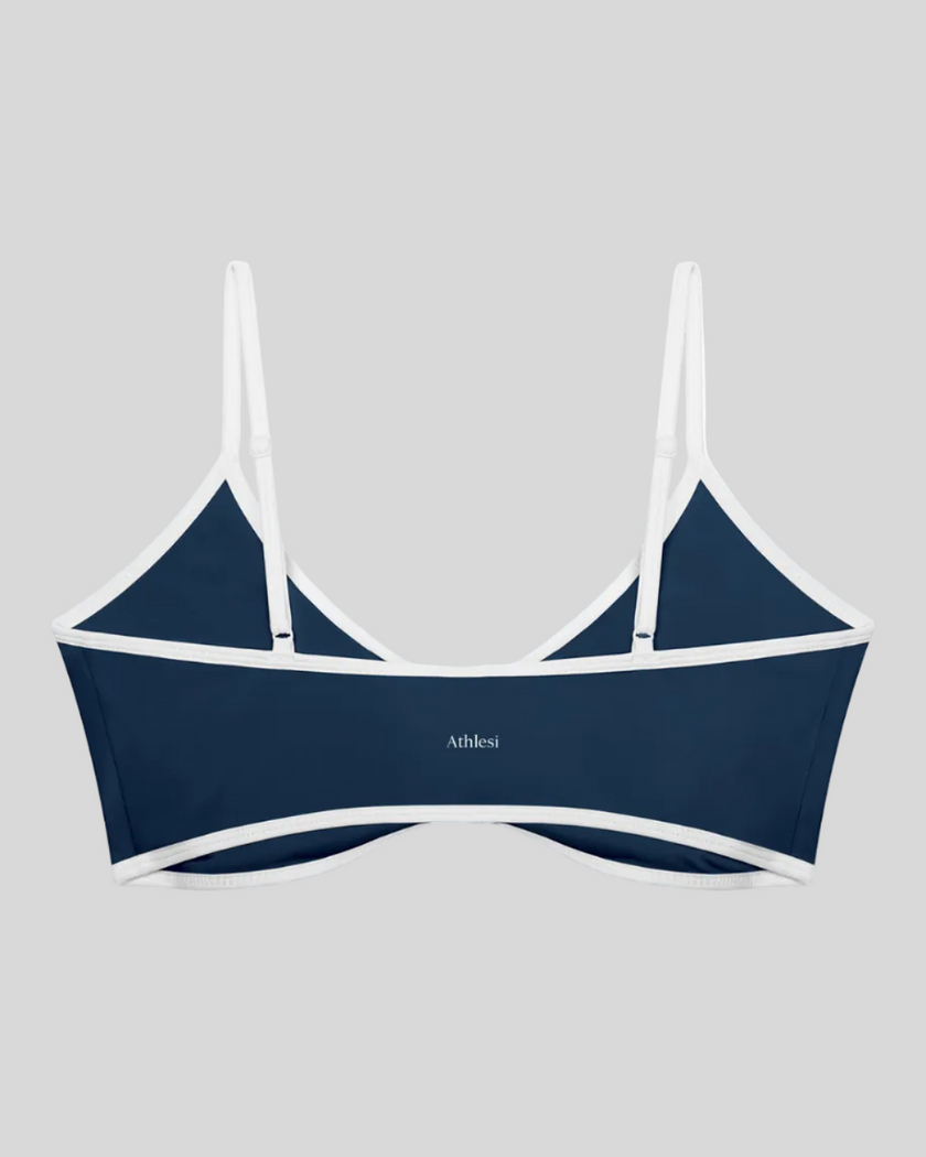 Athlesi TrackLine Color Block Sports Bra in blue and white back view with contrast trim