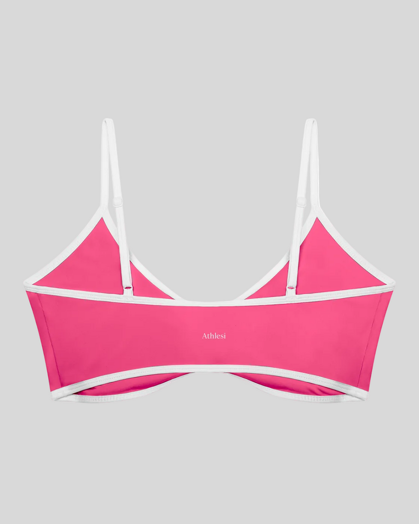Athlesi TrackLine Color Block Sports Bra in pink and white back view with contrast trim