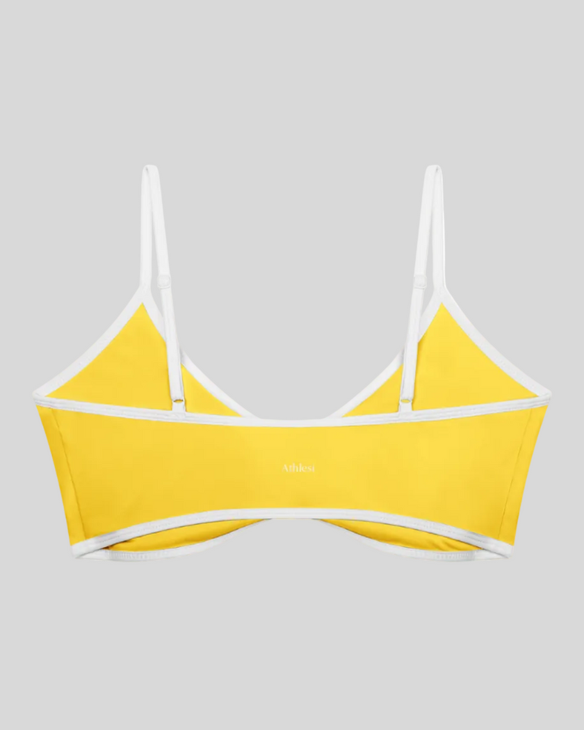 Athlesi TrackLine Color Block Sports Bra in yellow and white back view with contrast trim