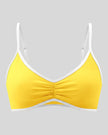 Athlesi TrackLine Color Block Sports Bra in yellow and white, 3d front view with ruched detail