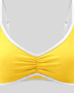 Front ruched detail of the Athlesi TrackLine Color Block Sports Bra in yellow and white