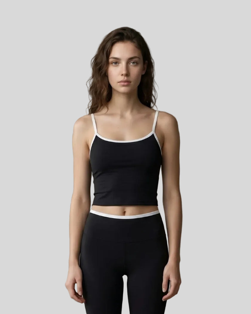 Model wearing the TrackLine Color Block Tank in black and white front view