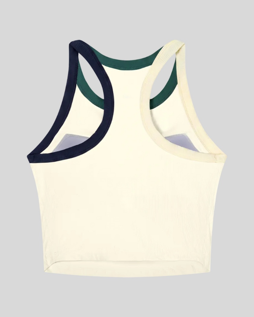TrackLine color block tank top in Beige back view showing racerback design and contrasting trim.