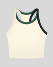 TrackLine color block tank top in Beige front view with contrasting green and navy trim and ribbed fabric