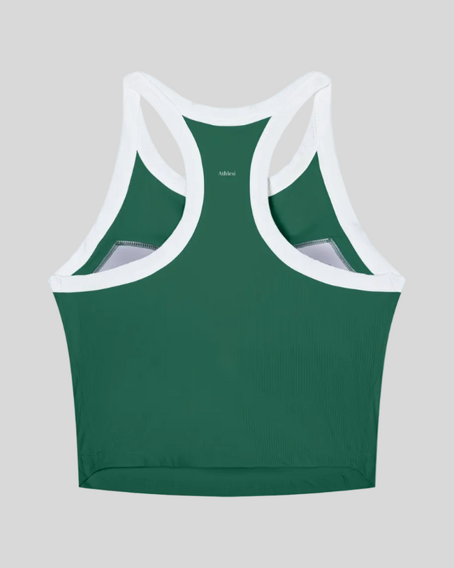 TrackLine color block tank top in Blackish Green back view showing racerback design and contrasting trim.