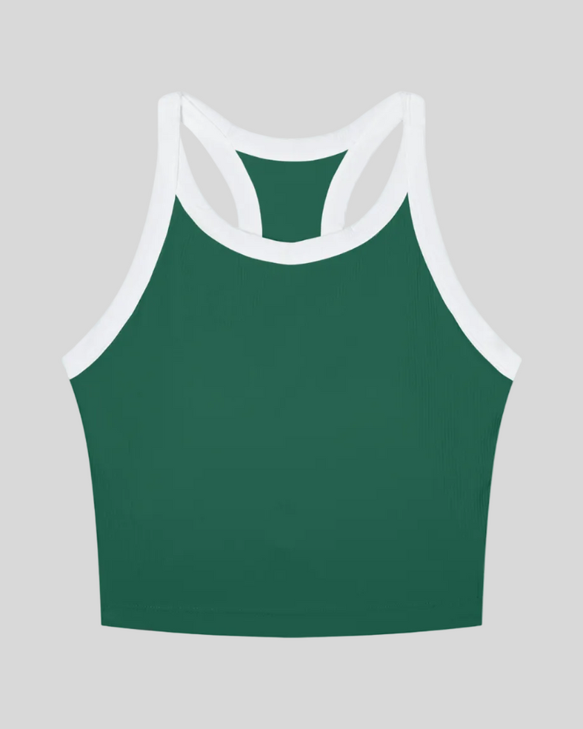 TrackLine color block tank top in Blackish Green front view with contrasting green and navy trim and ribbed fabric