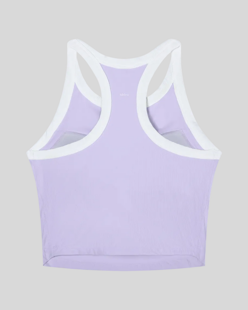 TrackLine color block tank top in Lavender back view showing racerback design and contrasting trim.
