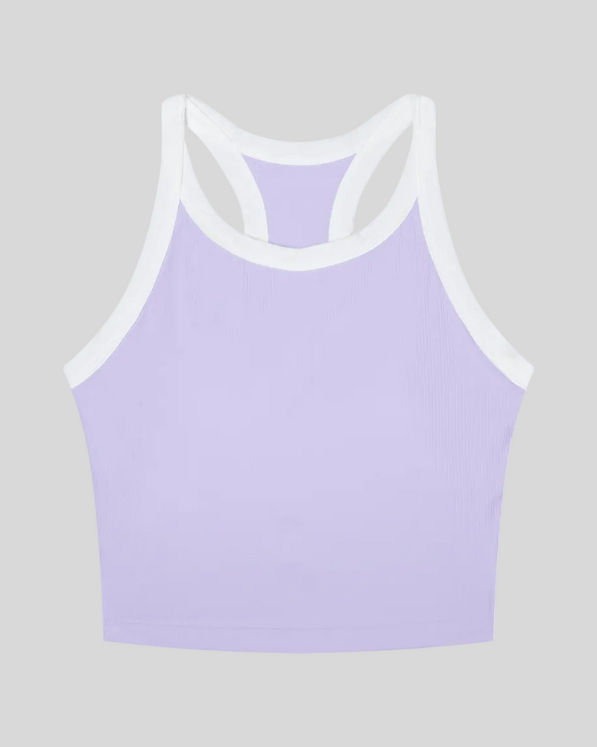 TrackLine color block tank top in Lavender front view with contrasting green and navy trim and ribbed fabric