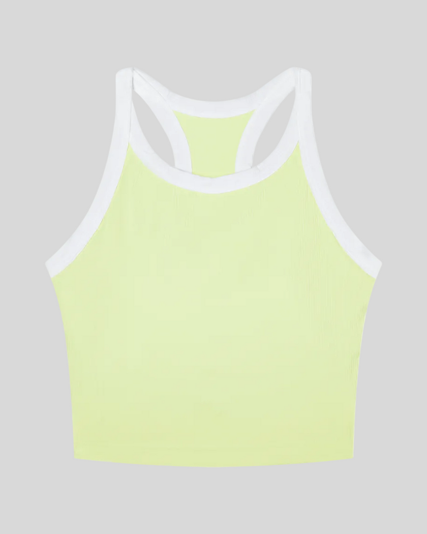 TrackLine color block tank top in Light Yellow front view with contrasting green and navy trim and ribbed fabric
