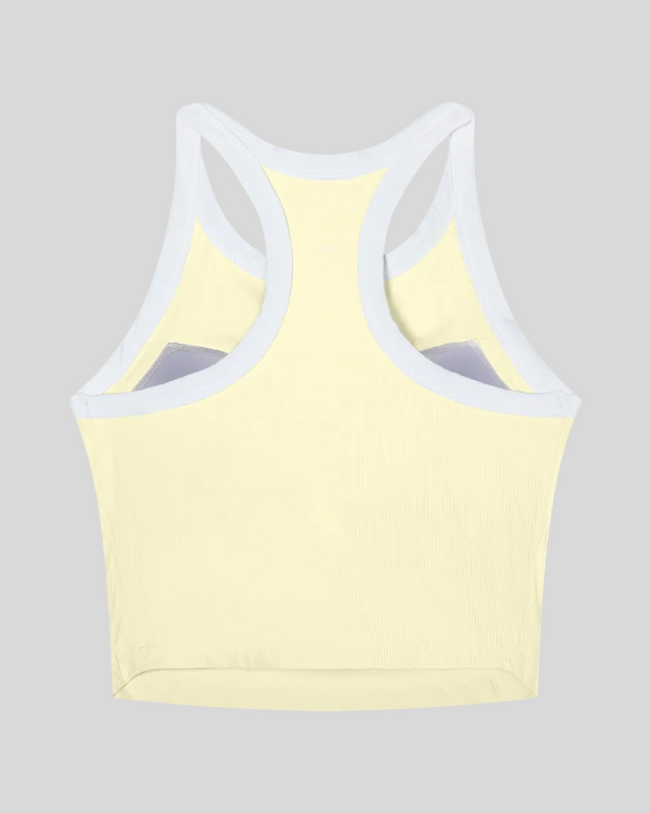 TrackLine color block tank top in Light Yellow back view showing racerback design and contrasting trim.