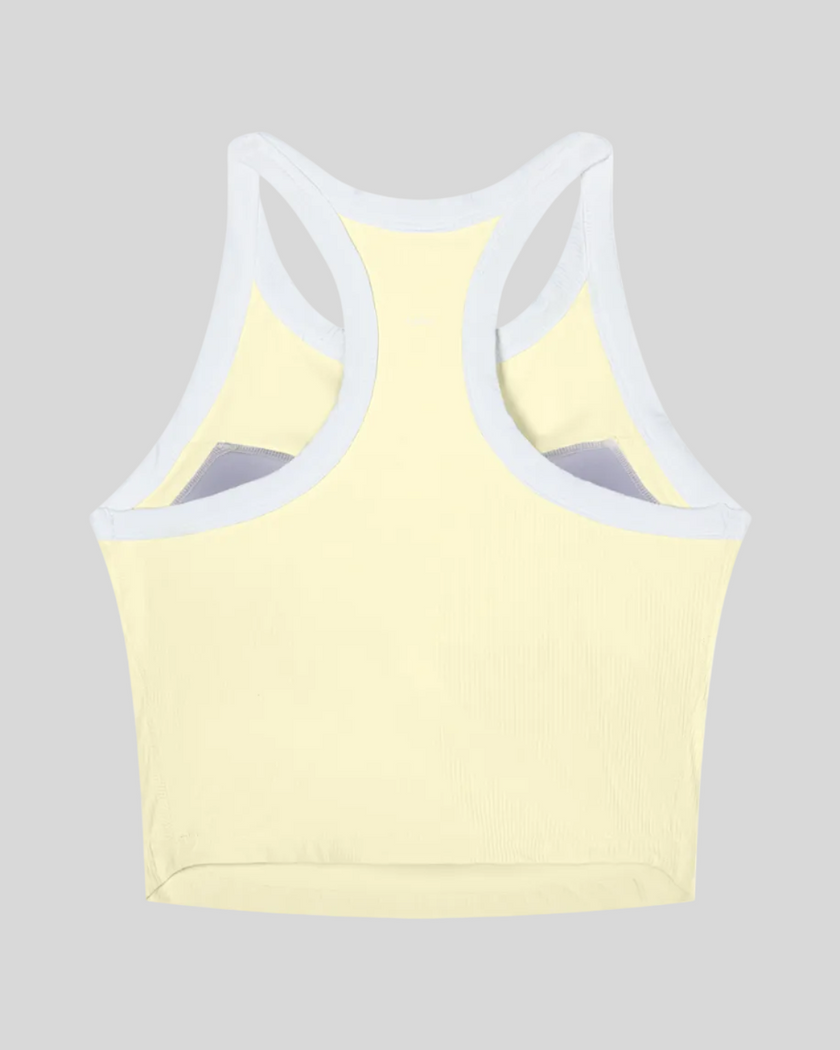 TrackLine color block tank top in Light Yellow back view showing racerback design and contrasting trim.