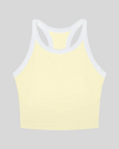 TrackLine color block tank top in Light Yellow front view with contrasting green and navy trim and ribbed fabric