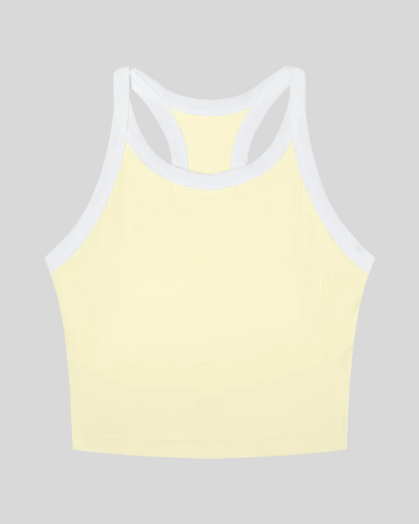 TrackLine color block tank top in Light Yellow front view with contrasting green and navy trim and ribbed fabric