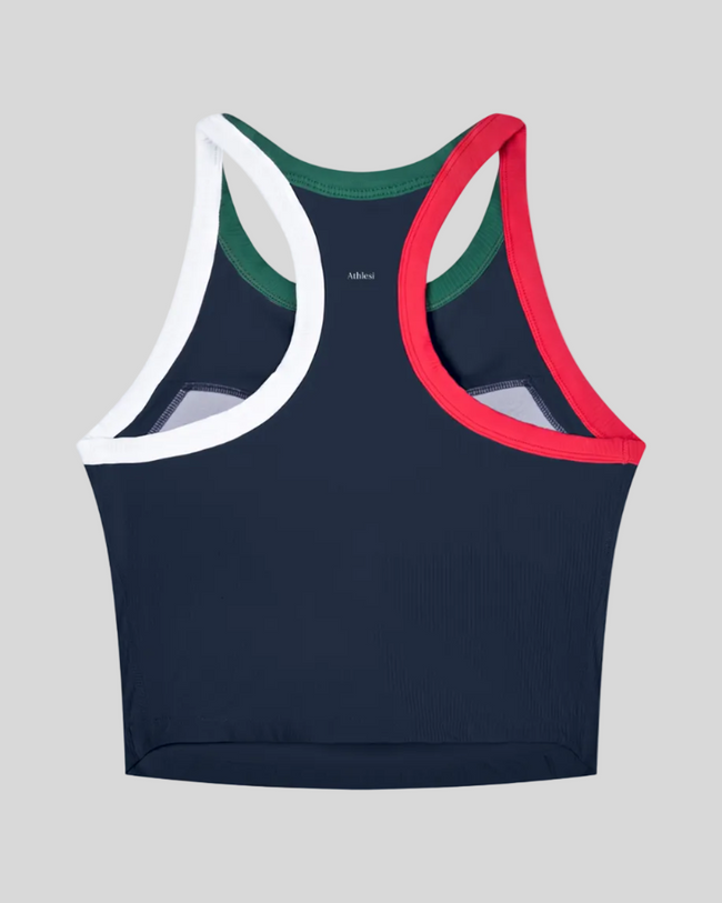 TrackLine color block tank top in Navy Blue back view showing racerback design and contrasting trim.