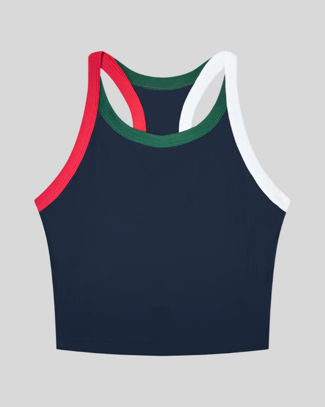 TrackLine color block tank top in Navy Blue front view with contrasting green and navy trim and ribbed fabric